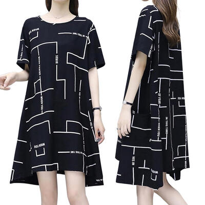 

Fashion Irregular Print Dress Women Pocket O-neck Short Sleeve Dresses