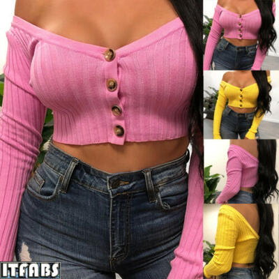 

Frauen schulterfreies Langarm-T-Shirt Sexy-Breasted V-Neck Strickjacke
