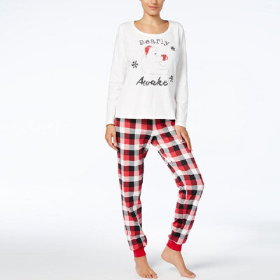 

New Women Two-Piece Set Pajama Christmas Sleepwear O-Neck Long Sleeves Casual House Tops Pants White