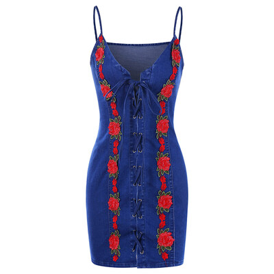 

Spaghetti Strap Lace Up Embroidered Dress