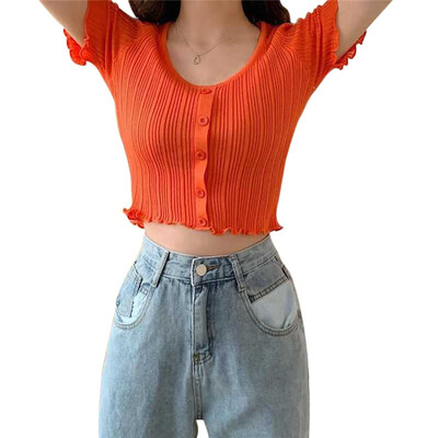 

Women T-Shirt Harajuku Knitted Short Sleeve Shirt Crop Top Unif Sexy Street Wear White Femme funny Summer T Shirt