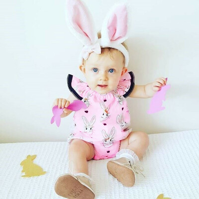 

Infant Baby Fly Sleeve Easter Day Rabbit Print Jumpsuit Romper Clothes