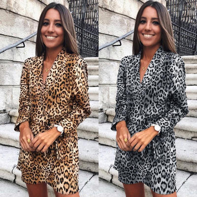 

Women Leopard Print Deep V-Neck Long Sleeve Mini Party Maxi Dress Club Wear Sexy