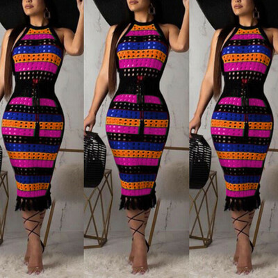 

Sexy Womens Rainbow Halter Neck Boho Bodycon Beach Party Dress Sundress Holiday