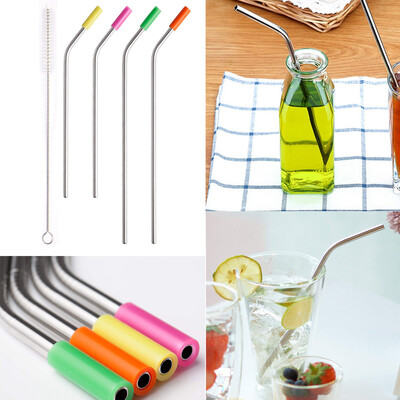 

Siaonvr Reusable Drinking Straws Bent Stainless Steel Metal Straws Silicone Cover Brush