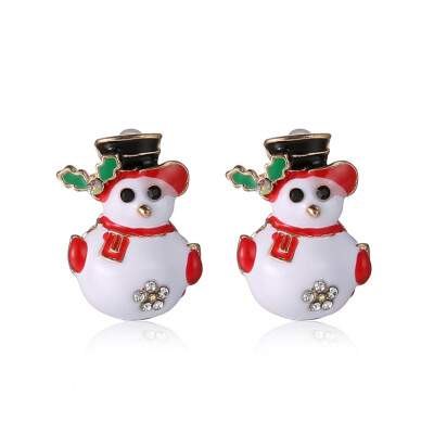 

Lovely Christmas Snowman Alloy Rhinestone Enamel Stud Earrings Golden 22x15mm