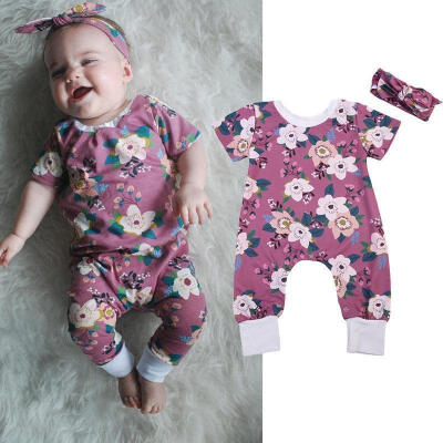 

2pcs Set Newborn Infant Baby Girl Floral Bodysuit Romper JumpsuitHeadband Outfits Clothes 0-24M