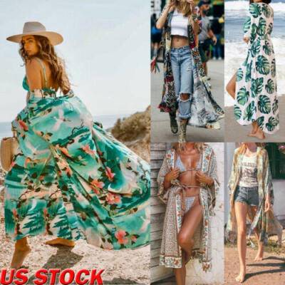 

Women Cotton Floral Bikini Cover-up Summer Cardigan Swimwear Beach Long Dress