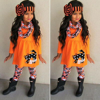 

4PCS Halloween Toddler Kid Baby Girl Tops Dress Leggings Headband Outfit Clothes
