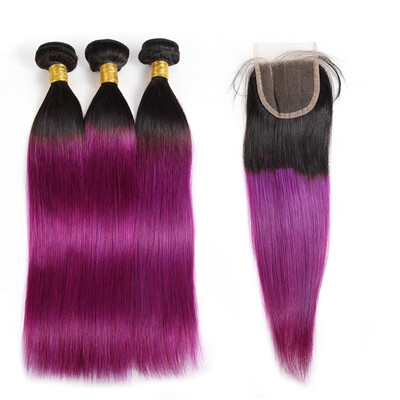 

Ishow 8A Brazilian Hair Extensions 3pcs 1bPurple Ombre Hair Straight Human Hair Bundles with Closure