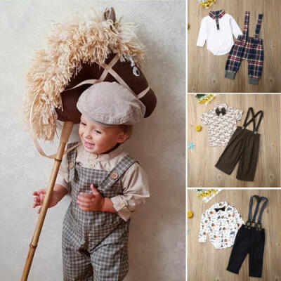 

Toddler Baby Boy Long Sleeve Shirt Romper Tops Plaid Strap Trousers Clothes 1-6Y