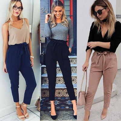

Women Casual Chffion Harem Pants Comfy Elastic Waist Full Length Trousers US