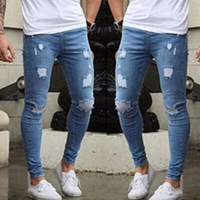 

Mens Ripped Jeans Skinny Slim Fit Denim Pants Destroyed Frayed Trousers -3XL