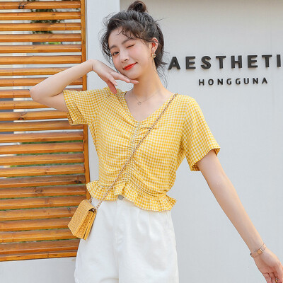 

Women Casual Shirts Summer V-Neck Plaid Shirts Female Fashion Tops