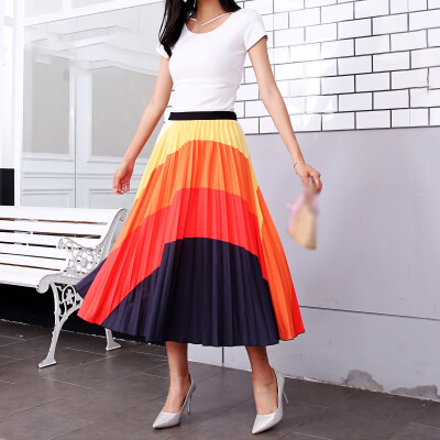 

Women Vintage Skirts Striped Printed High Waist Flared Pleated Midi Skirt Dress