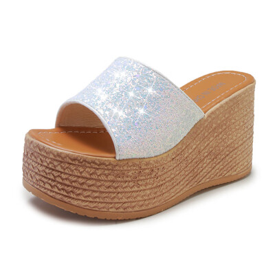 

Summer fashion sequins drag thick bottom slope with wild ladies sandals&muffin sandals tide