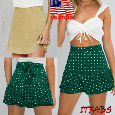 

Womens Polka Dot Casual Short Mini Ruffled Pleated Skirt High Waist Sundress USA