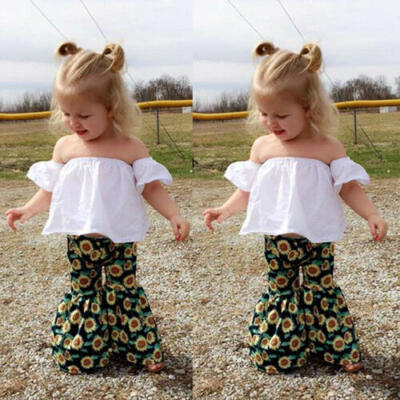

Fashion Toddler Girls Sunflower Outfit Clothes Ruffle Crop TopsFlared Pants Set