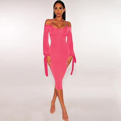 

Fashion Women Solid Bodycon Dress Spaghetti Strap Off the Shoulder Long Sleeve Party Club Midi Dress