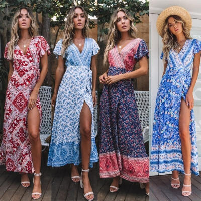 

Women Boho Short Sleeve Floral Midi Dress Summer V-neck Beach Sundress