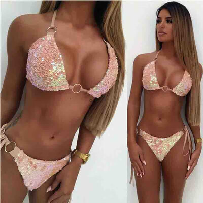 

New Women Push Up Beach Swimwear Sequin Triangle Bra Bikini Set Bathing Swimsuit