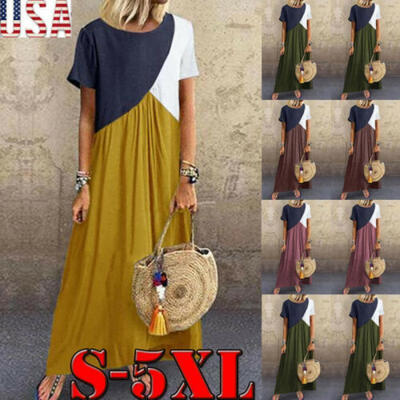 

US Women Cotton Linen Maxi Dress Short Sleeve Casual Boho Kaftan Tunic Plus Size