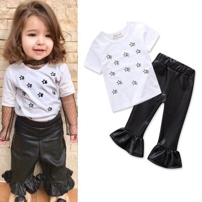 

Kids Baby Girls Tops T shirtPU Leather Pants Bell-bottom Trousers Outfits Set