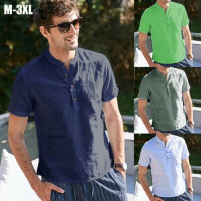 

Men Summer Beach Short Sleeve V-Neck Linen T-Shirt Slim Fit Casual Top Shirt US