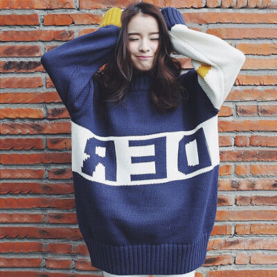 

The 2018 new Korean version of autumn&winter color matching sweater womens thickening of the long high collar jacket