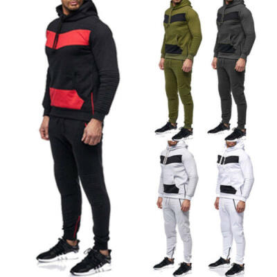 

Mens Tracksuit Set Hoodie Top & Bottoms Joggers Gym Plain Zip Pockets Slim Fit