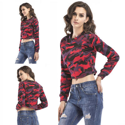 

Autumn Camouflage Short Section Lady Tops Long Sleeve Fleece Women Pullover