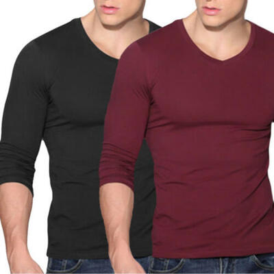 

Mens V Neck Long Sleeve T-Shirt Slim Fit Casual Solid Color Basic Tee Shirts