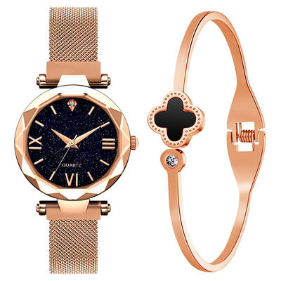 

2019 Women Starry Sky Watch Minimalist Gold Mesh Band Magnetic Buckle Lady Quartz Wristwatch With Bracelet Set Girl Gift Watches
