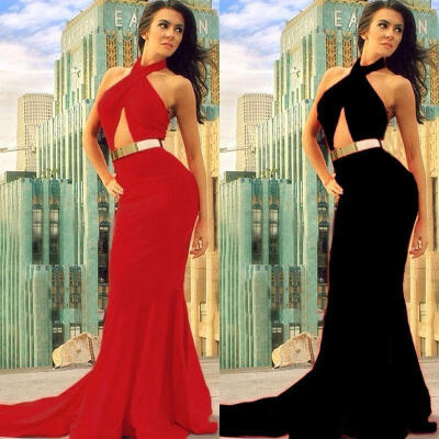 

Fashion Women&acutes Bandage Dress Cross Halter Neck Sleeveless Long Gown Mermaid Bodycon Evening Maxi Dress Red Black