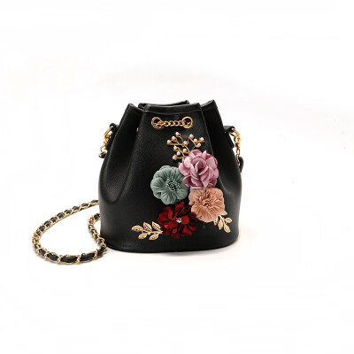 

Fashion women Floral Handbag Flower Decoration Drawstring Bucket Bag Crossbody Bags For Women Small PU Leather Shoulder Bag