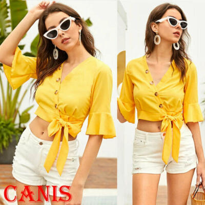 

Women Half Sleeve V-neck Loose Tops T Shirt Ladies Bandage Casual Button Blouse