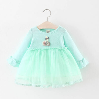

Spring Casual Baby Girls Solid Print Mesh Dress Cotton Kids Toddler Long Sleeve Sundress