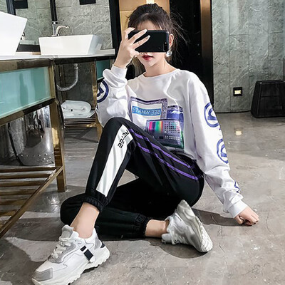 

Summer new arrival purple pants women side stripes contrast color feet loose slim casual sports pants