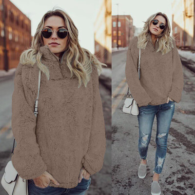 

Plush Sweater Hoodie Female High Collar Zipper Solid Color Hooded Long-Sleeved Fabric Comfortable Khaki Pink Gray Brown Four