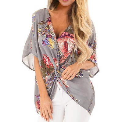 

Womens Fashion Summer Casual T Shirt Short Sleeve V-Neck Knot Floral Print Loose Tee