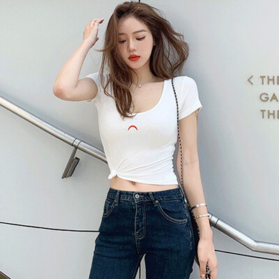 

Womens Korean Style U Neck Embroidered Crescent Moon Print Short Sleeve Slim T-Shirt