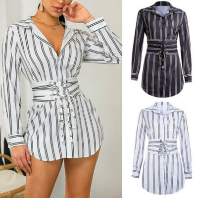 

Womens Long Sleeve Loose Mini Dress Tops Ladies V-neck Belted Shirt Dress 6-18