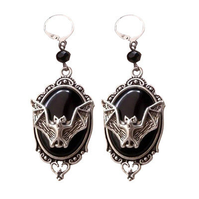 

Gothic Dangle Bat Cameo Earrings Antique Silver Vampire Bat Earrings Halloween Earrings Elegant Dangle Earrings