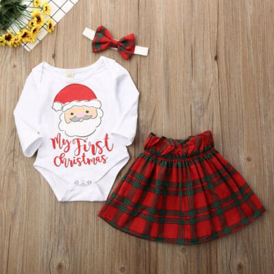

UK My 1st Christmas Baby Girl Long Sleeve Santa Romper Plaids Tutu Skirt Clothes