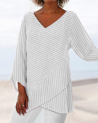 

Women Casual Loose V Neck Striped Irregular Long Sleeve Shirts Blouse Tunic Tops