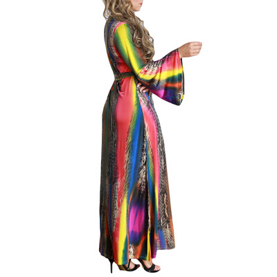 

Women Plus Size Maxi Long Dress Contrast Color Flare Long Sleeves Belt Lace Colorful Elegant A-Line Dresses