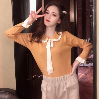 

Korean Women Tshirt Slim Long Sleeve Knit T-shirts Bottoming Tops Cute Turn-down Collar Solid Femal T Shirts Clothes