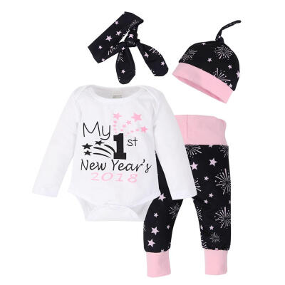 

4pcsset Baby Letter Print Romper Fireworks Star Pants Hat Headband