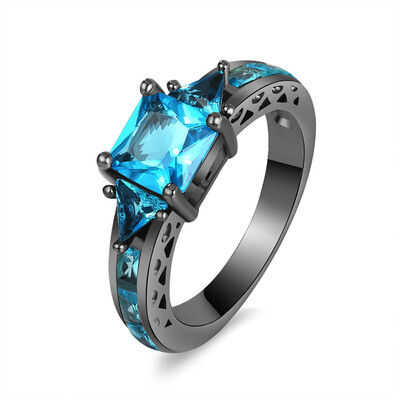 

Creative New Fashion Women Ladies Light Blue Zircon Crystal Black Gold Plated Lover Engagement Wedding Ring Jewelry Gifts