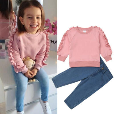 

Kids Baby Girl Winter Warm Outfit Clothes Ruffle Tops Shirt Denim Pants 2Pcs Set